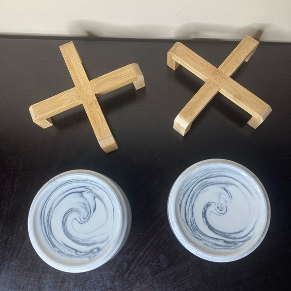 Ceramic Pet Bowls With Bamboo Stands Modern Food And Water Bowl Set Cat Dog Gray - Picture 4 of 6